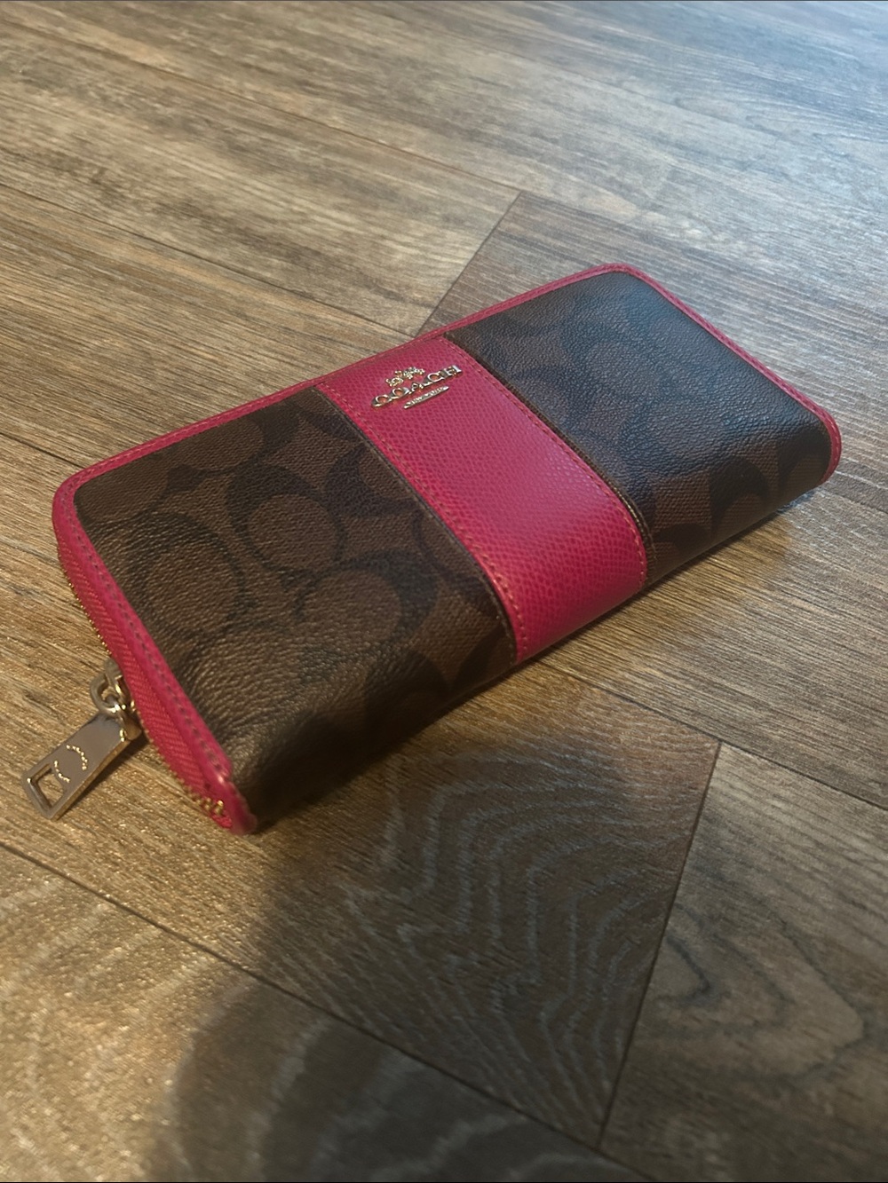 Coach Zip-Around Wallet in Brown Signature Canvas with Pink Trim